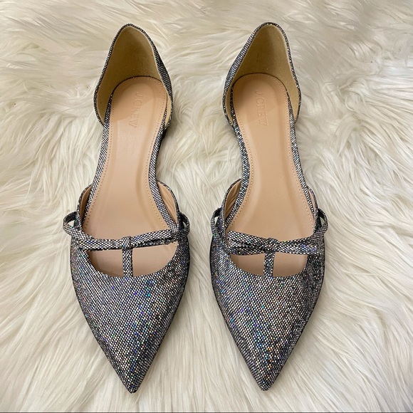 J crew Sloan d’orsay glitter sparkle bow flats size 9 silver holographic rainbow